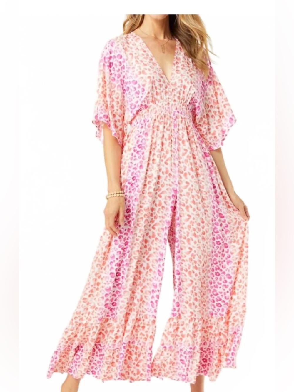Coco + Carmen Pink Leopard Print V-Neck Wide-Leg Jumpsuit NWT